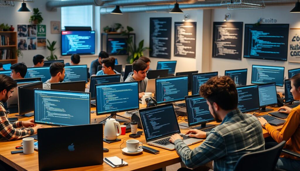 A collaborative workspace filled with diverse freelance software programmers, each working on laptops with various coding languages displayed on the screens, surrounded by creative tech gadgets and inspiring designs, vibrant atmosphere with coffee mugs and digital devices, modern office decor and soft lighting.